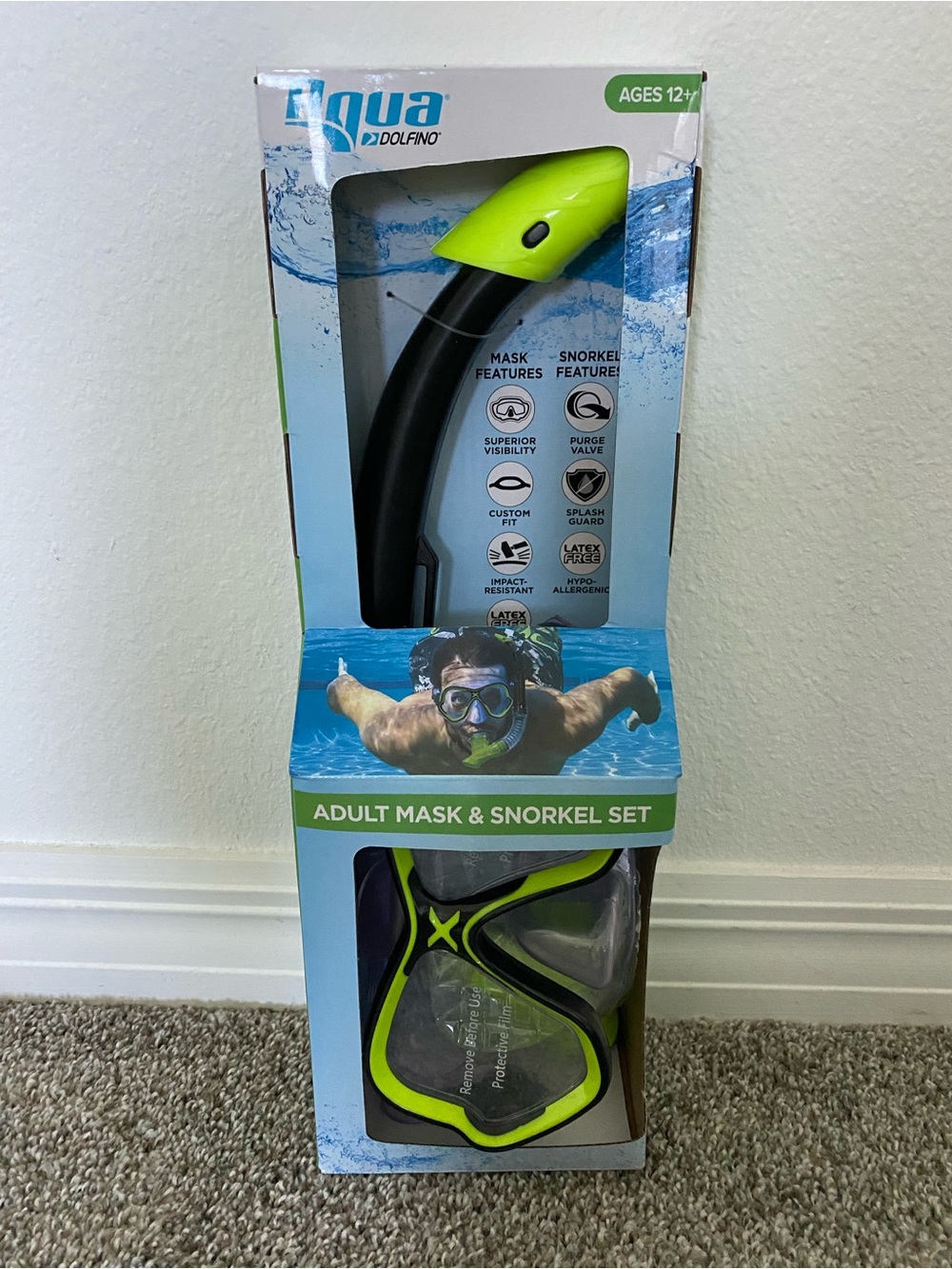New Aqua-Dolphino Adult Swim Mask & Snorkel Set - Neon Green/Black ages 12+
